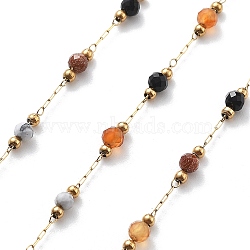 Handmade 304 Stainless Steel Chains, with Red Agte & Synthesis Goldstone & Synthesis Howlite & Black Agte, Soldered, with Spool, Golden, 6x3mm, about 16.40 Feet(5m)/Roll(CHS-K020-08G)