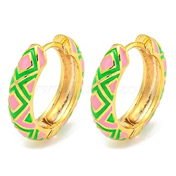 Rack Plating Rhombus Pattern Brass Enamel Hoop Earrings, Cadmium Free & Lead Free, Long-Lasting Plated, Real 18K Gold Plated, Lime Green, 19x4.5mm(EJEW-C102-47G-06)