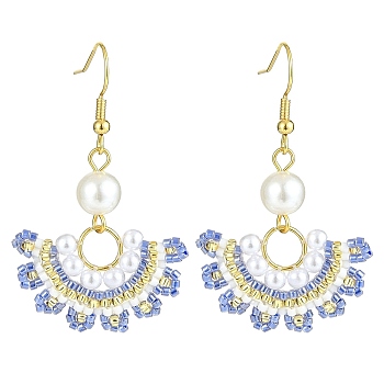Glass Beaded Fan with Imitation Pearl Dangle Earrings, Golden 304 Stainless Steel Jewelry for Women, Royal Blue, 51mm, Pin: 0.8mm