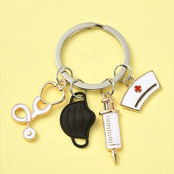 Mask & Nurse Cap & Injection Syringe & Stethoscope Enamel Pendant Keychain, Medical Theme Alloy Keychain, Black, 6.2cm
