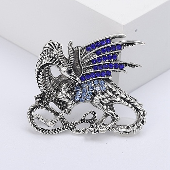 Dragon Rhinestone Pins, Alloy Brooches for Unisex Gift, Antique Silver, 39x33mm