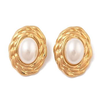 Ion Plating(IP) 304 Stainless Steel Stud Earrings, with Plastic Imitation Pearl, Oval, Golden, 29.5x23mm