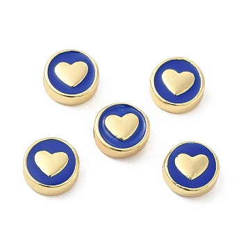 Real 18K Gold Plated Brass Enamel Beads, Flat Round with Heart, Blue, 11x4.5mm, Hole: 2mm
