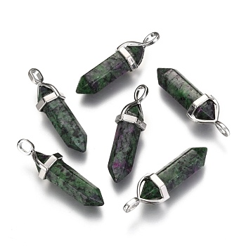 Natural Ruby in Zoisite Double Terminated Pointed Pendants, with Random Alloy Pendant Hexagon Bead Cap Bails, Bullet, Platinum, 36~45x12mm, Hole: 3x5mm, Gemstone: 10mm in diameter