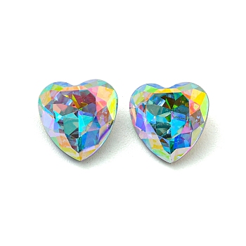 Glass Rhinestone Cabochons, Point Back & Back Plated, Faceted, Heart, Aquamarine AB, 10x10x5mm