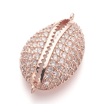 Brass Micro Pave Cubic Zirconia Links, Clear, Lead Free & Cadmium Free, Cowrie Shell Shape, Rose Gold, 22.5x12.5x6mm, Hole: 1mm