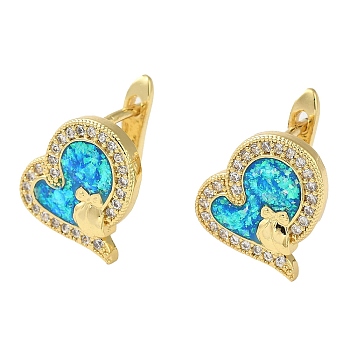 Heart Rack Plating Brass Micro Pave Cubic Zirconia Hoop Earrings, with Synthetic Opal, Cadmium Free & Lead Free, Long-Lasting Plated, Real 18K Gold Plated, 12x10mm