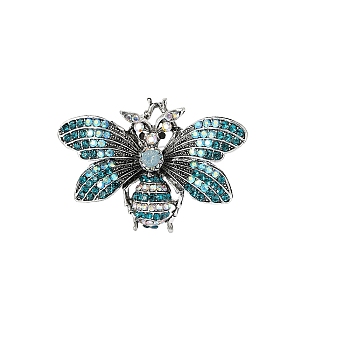 Bee Alloy Rhinestone Brooch, Insect Badge for Clothes, Antique Silver, Indicolite, 57x40mm