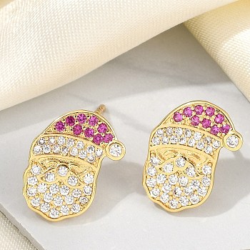 Christmas Rack Plating Brass Cubic Zirconia Stud Earrings, Real 18K Gold Plated, Long-Lasting Plated, Lead Free & Cadmium Free, Santa Claus, 14x9mm