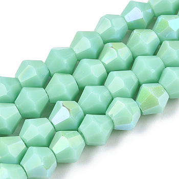 Opaque Solid Color Electroplate Glass Beads Strands, AB Color Plated, Faceted, Bicone, Light Cyan, 6x5.5mm, Hole: 1.2mm, about 45~47pcs/strand, 10.24~10.63 inch(26~27cm)