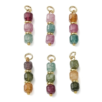 Natural Multicolor Tourmaline Pendants, Faceted Table Cut Cube Beaded Charms with Brass Loops, Golden, 22x5x5mm, Jump Ring: 5x0.8mm, Inner Diameter: 3.5mm