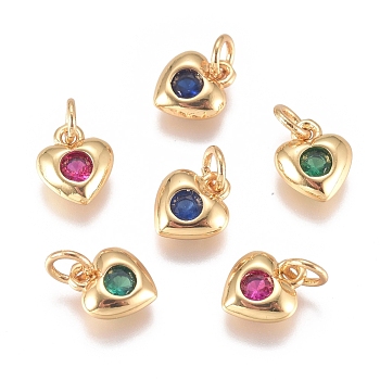 Brass Micro Pave Cubic Zirconia Charms, with Jump Ring, Long-Lasting Plated, Heart, Golden, Mixed Color, 8x6.5x2mm, Hole: 3mm