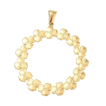 304 Stainless Steel Pendants, Floral Circle Wreath Charm, Ion Plating(IP), Long-Lasting Plated, Real 18K Gold Plated, 38.5x36x1.5mm, Hole: 6x3mm