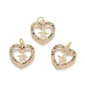 Brass Micro Pave Cubic Zirconia Pendants, Heart, Colorful, Golden, 19.5x18.5x2mm, Hole: 3.5mm