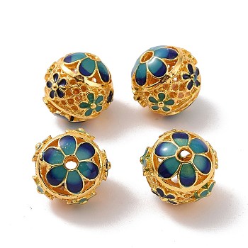 Hollow Alloy Beads, with Enamel, Round with Flower, Matte Gold Color, Blue, 14mm, Hole: 2mm