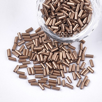 Electroplate Glass Bugle Beads, Round Hole, Metallic Colours, Camel, 3~5x1.5~2mm, Hole: 0.8mm, about 15000pcs/bag