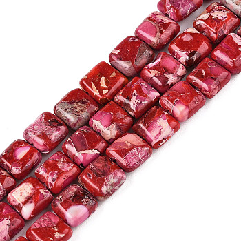 Natural Imperial Jasper Beads Strands, Dyed, Flat Slice Square Beads, Crimson, 10x10x4~5mm, Hole: 1mm, about 38~40pcs/Strand, 15.16 inch(38.5cm)