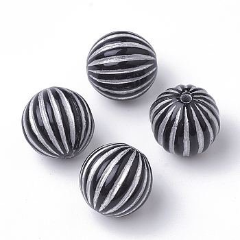 Plating Acrylic Beads, Metal Enlaced, Corrugated, Round, Black, Silver Plated, 16mm, Hole: 2mm, about 200pcs/500g