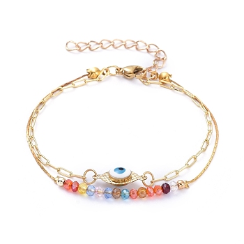 Multi-strand Bracelets, with Glass Beads, Brass Enamel Evil Eye Links, Brass Cardano/Cable Chain and 304 Stainless Steel Lobster Claw Clasps, Golden, 13-3/8 inch(34cm)
