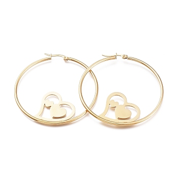 304 Stainless Steel Hoop Earrings, Ring Shape with Heart, Golden, 12 Gauge, 53x58x2mm, Pin: 1x0.5mm