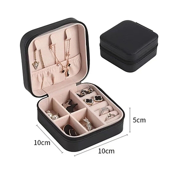 Imitation Leather Jewelry Storage Zipper Boxes, Travel Portable Jewelry Organizer Case for Necklaces, Earrings, Rings, Square, Black, 10x10x5cm