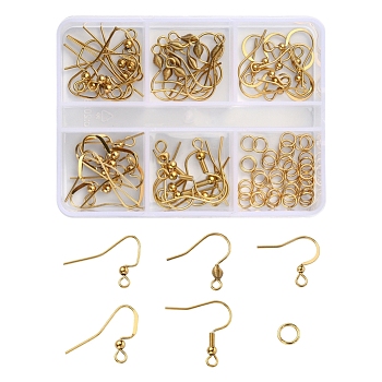 50Pcs 5 Style 304 Stainless Steel Earring Hooks, Ear Wire, with 50Pcs Jump Rings, Cadmium Free & Nickel Free & Lead Free, Golden, 16~21x17~22mm, Hole: 2mm, 21 Gauge, Pin: 0.7mm, 10pcs/style