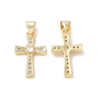 Eco-Friendly Rack Plating Brass Micro Pave Cubic Zirconia Pendants, Long-Lasting Plated, Lead Free & Cadmium Free, Religion Cross Charm, Real 18K Gold Plated, 21x12.5x3.5mm, Hole: 5x3.5mm