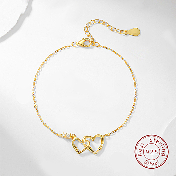 Interlocking Heart 925 Sterling Silver Link Bracelets, with  Cubic Zirconia, Golden, 5-1/2 inch(14cm)