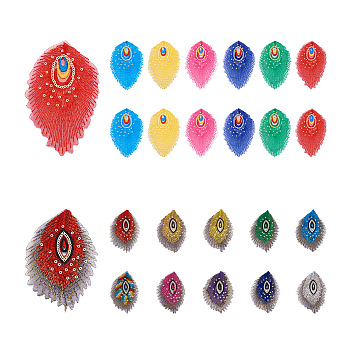 PandaHall Jewelry 32Pcs 16 Style Peacock Feathers Polyester Embroidery Cloth Self Adhesive Patches, Stick On Patch, with Sequin and Yarn, Costume Accessories, Mixed Color, 9.7~12x6.7~7.6cm, 2pcs/style