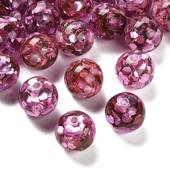 Transparent Resin with Paillette Beads, Round, Faceted, Magenta, 16mm, Hole: 2mm