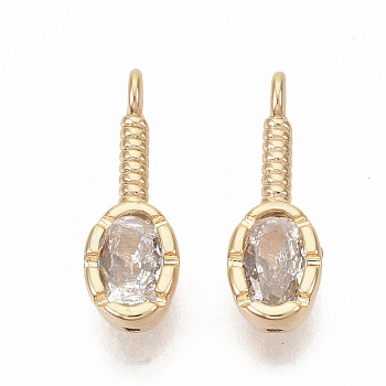 Brass Cubic Zirconia Charms, Nickel Free, Oval, Clear, Real 18K Gold Plated, 13.5x4.5x3mm, Hole: 1mm