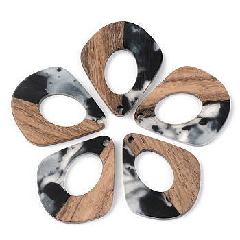 Transparent Resin & Walnut Wood Pendants, Teardrop, Black, 32.5x27.5x3mm, Hole: 2mm