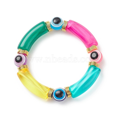 7Pcs 7 Color Acrylic Curved Tube & Plastic Evil Eye Beaded Stretch Bracelets Set(BJEW-JB08962)-3