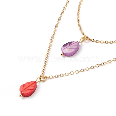 Synthetic Shell Leaf Pendant Double Layer Necklaces and Dangle Stud Earrings(SJEW-F217-04G)-4