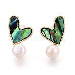 Heart Brass Natural Pearl Stud Earrings, with Abalone Shell & 925 Sterling Silver Pins, Long-Lasting Plated, Real 18K Gold Plated, 20x12mm(PEAR-N017-07D)