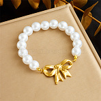 304 Stainless Steel Charm Bracelets, Imitation Pearl Beads Bracelets for Women, Golden & White, Bowknot, 7-7/8 inch(20cm)(FS-WG836AD-06)
