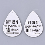 PU Leather Big Pendants, Single-Sided, teardrop, with Word, White, 56x36.5x2mm, Hole: 1.2mm(X-FIND-R072-10-B07)