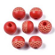 Painted Natural Wood Beads, Laser Engraved Pattern, Round, Red, 10x9mm, Hole: 2.5mm(WOOD-S057-072N)