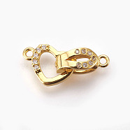 Brass Micro Pave Cubic Zirconia Fold Over Clasps, Heart, Clear, Real 18K Gold Plated, 18mm, Hole: 1.2mm(KK-P164-09G)