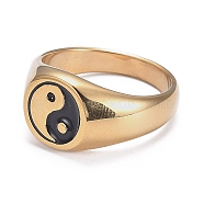Ion Plating(IP) 304 Stainless Steel Finger Rings, Yin Yang Ring, with Enamel, Gossip, Real 18K Gold Plated, Size 13, Inner Diameter: 22.1mm(STAS-H101-01G-13)