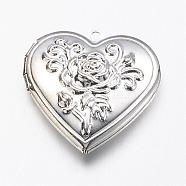 Brass Locket Pendants, Heart with Rose, Silver Color Plated, 29x29x7.5mm, Hole: 2mm(KK-N0116-009S)