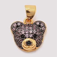 Rack Plating Brass Micro Pave Cubic Zirconia Charms, Cadmium Free & Lead Free, Real 18K Gold Plated, Long-Lasting Plated, Bear Head Charm, Pink, Real 18K Gold Plated, 11.5x12x5mm, Hole: 3.5mm(KK-G456-23G-03)