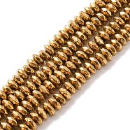 Electroplate Non-magnetic Synthetic Hematite Beads Strands, Faceted, Rondelle, Grade A, Golden Plated, 6x3mm, Hole: 1.2mm, about 130pcs/strand, 16 inch(X-G-J160-D-02)