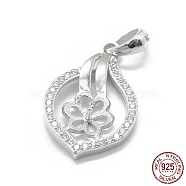 Rhodium Plated 925 Sterling Silver Pendant Bails, with Cubic Zirconia, For Half Drilled Beads, Flower, Clear, Platinum, 20x13x2mm, Hole: 4.5x3mm, Pin: 0.8mm, Tray: 6.5mm(STER-L055-010P)