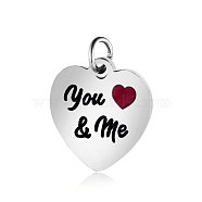304 Stainless Steel Enamel Charms, with Jump Rings, Polished, Heart with You & Me, Stainless Steel Color, 12.5x12x1mm, Hole: 2.5mm(STAS-T036-T508S)