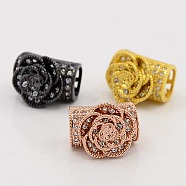 CZ Jewelry Findings Brass Micro Pave Cubic Zirconia Hollow Curved Tube Beads, Curved Tube Noodle Beads, Grade AAA, Lead Free & Cadmium Free & Nickel Free, Flower Rose, Clear, Mixed Color, 15x8x11mm, Hole: 7x5mm(ZIRC-M014-04-NR)