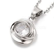 201 Stainless Steel Cable Chain Necklaces, Brass Clear Cubic Zirconia Flat Round Pendant Necklaces, Stainless Steel Color, 15.63 inch(39.7cm)(NJEW-L124-011P)