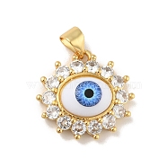 Brass Micro Pave Cubic Zirconia Pendants, with Acrylic, Cadmium Free & Lead Free, Long-Lasting Plated, Evil Eye, Real 18K Gold Plated, Royal Blue, 18x18.5x6mm, Hole: 4x3.5mm(KK-B059-45G-B)