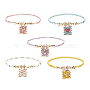 Glass Beaded Stretch Bracelet with Brass Beads, Head Pattern Charm Bracelet for Women, Mixed Color, Inner Diameter: 2-1/8 inch(5.3cm)(BJEW-MZ00005)