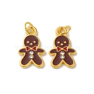 Alloy Enamel Pendants, Cadmium Free & Lead Free, with Rhinestone, Lovely Christmas Gingerbread Man, Nice for Holiday Jewelry Making, Golden Color, Brown, about 11mm wide, 22mm long,1.5mm thick, hole:3mm(BSA0002)
